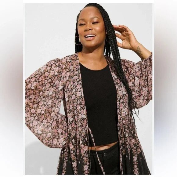 Torrid Floral Sheer Tie-Front Wrap Flowy Dress Cover Duster Puff Sleeves 4X NWT - Picture 11 of 12